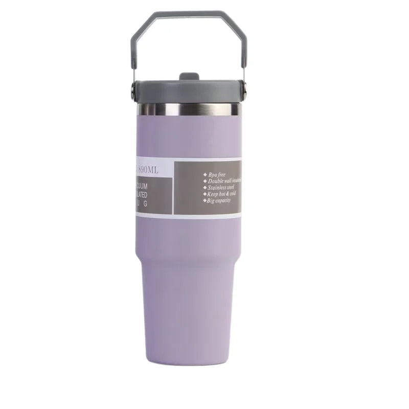 30oz Large Capacity Portable Car Cup Stainless Steel Thermos Cup with Straw & Handle Travel Sports Water Bottle Vacuum Flask
