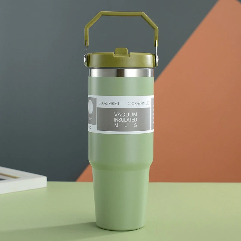 30oz Large Capacity Portable Car Cup Stainless Steel Thermos Cup with Straw & Handle Travel Sports Water Bottle Vacuum Flask